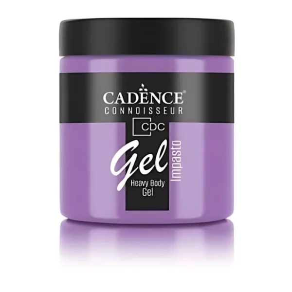 A single jar of Periwinkle Cadence Connoissuer Heavy Body Gel Acrylic is shown in the center of the frame. The jar is made of clear plastic and has a black plastic, screw on lid. You can see the colour of the paint through the clear jar. There is a label around the body of the jar that has the Cadence logo and product name and details printed on the label. There is a reflection below the bottle. On a white background.