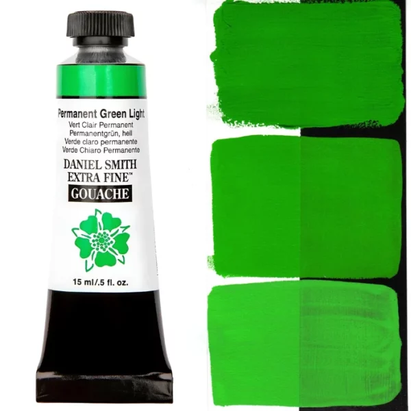 A tube of Permanent Green Light S1 Daniel Smith Extra Fine Gouache 15ml is shown vertically, along the left hand side of the frame. The tube has a white body, with black text that describes the colour and product details and the Daniel Smith Logo. The end of the tube has a black band and it has a black, plastic, screw on lid. The Daniel Smith flower logo is also printed on the front of the tube. There is a colour swatch of the paint, down the right hand side of the frame, vertically. It is shown on a white background and a black background and there are 3 swatches, showing the paint in it's purest form, used directly from the tube, as well as the paint when diluted with water, so it becomes more transparent. On a white background.