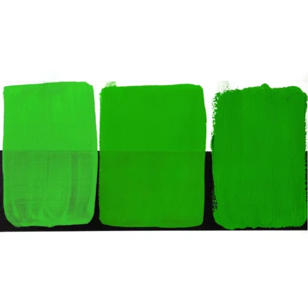 There is a colour swatch of the Permanent Green Light S1 Daniel Smith Extra Fine Gouache 15ml Paint, shown in the center of the frame, horizontally. It is shown on a white background and a black background and there are 3 swatches, showing the paint in it's purest form, used directly from the tube, as well as the paint when diluted with water, so it becomes more transparent. On a white background.