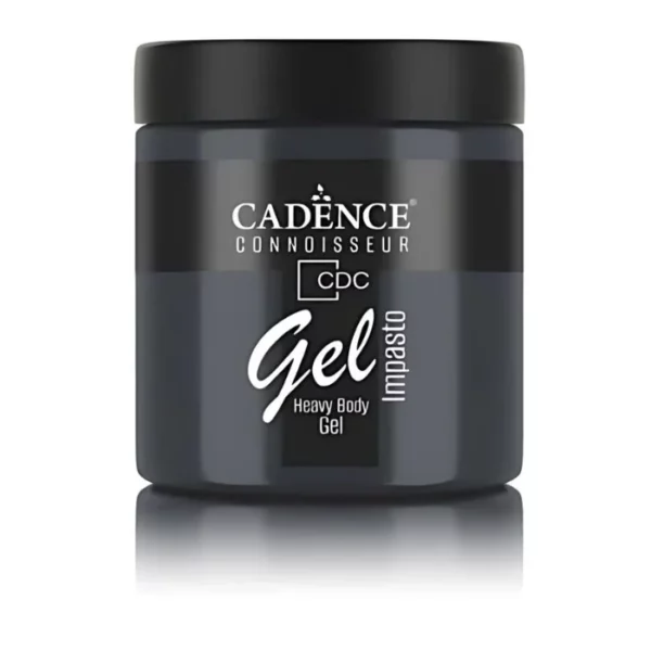 A single jar of Pewter Cadence Connoissuer Heavy Body Gel Acrylic is shown in the center of the frame. The jar is made of clear plastic and has a black plastic, screw on lid. You can see the colour of the paint through the clear jar. There is a label around the body of the jar that has the Cadence logo and product name and details printed on the label. There is a reflection below the bottle. On a white background.