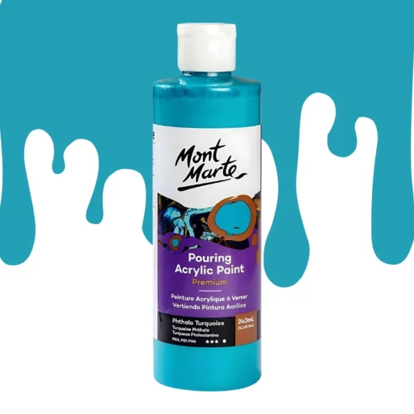 A single bottle of Phthalo Turquoise Mont Marte Pouring Acrylic Paint is shown in the center of the frame. The bottle is clear plastic so you can see the colour of the paint through the bottle. It has a white flip top cap and a printed label around the body of the bottle. The label is white and purple and has the Mont Marte logo printed at the top with the colour name and product details below. There is a drip paint background at the back of the bottle, at the top of the frame, in the colour of the paint.