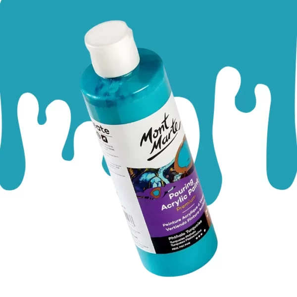 A single bottle of Phthalo Turquoise Mont Marte Pouring Acrylic Paint is shown in the center of the frame at a slight angle. The bottle is clear plastic so you can see the colour of the paint through the bottle. It has a white flip top cap and a printed label around the body of the bottle. The label is white and purple and has the Mont Marte logo printed at the top with the colour name and product details below. There is a drip paint background at the back of the bottle, at the top of the frame, in the colour of the paint.