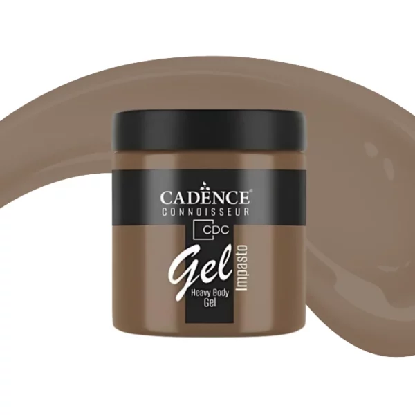 A single jar of Pinecone Cadence Connoissuer Heavy Body Gel Acrylic is shown in the center of the frame. The jar is made of clear plastic and has a black plastic, screw on lid. You can see the colour of the paint through the clear jar. There is a label around the body of the jar that has the Cadence logo and product name and details printed on the label. There is a colour swatch swirl behind the jar that denotes the colour of the paint. On a white background.