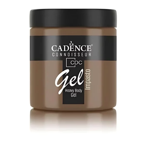 A single jar of Pinecone Cadence Connoissuer Heavy Body Gel Acrylic is shown in the center of the frame. The jar is made of clear plastic and has a black plastic, screw on lid. You can see the colour of the paint through the clear jar. There is a label around the body of the jar that has the Cadence logo and product name and details printed on the label. There is a reflection below the bottle. On a white background.