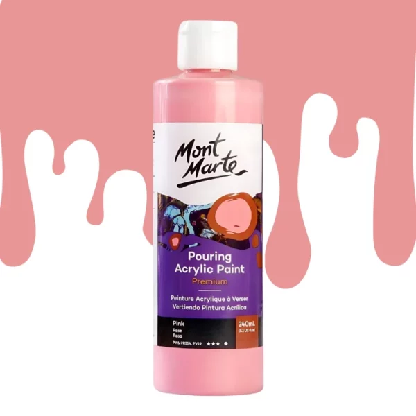 A single bottle of Pink Mont Marte Pouring Acrylic Paint is shown in the center of the frame. The bottle is clear plastic so you can see the colour of the paint through the bottle. It has a white flip top cap and a printed label around the body of the bottle. The label is white and purple and has the Mont Marte logo printed at the top with the colour name and product details below. There is a drip paint background at the back of the bottle, at the top of the frame, in the colour of the paint.