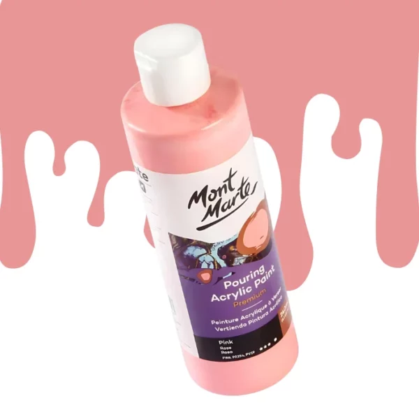 A single bottle of Pink Mont Marte Pouring Acrylic Paint is shown in the center of the frame at a slight angle. The bottle is clear plastic so you can see the colour of the paint through the bottle. It has a white flip top cap and a printed label around the body of the bottle. The label is white and purple and has the Mont Marte logo printed at the top with the colour name and product details below. There is a drip paint background at the back of the bottle, at the top of the frame, in the colour of the paint.