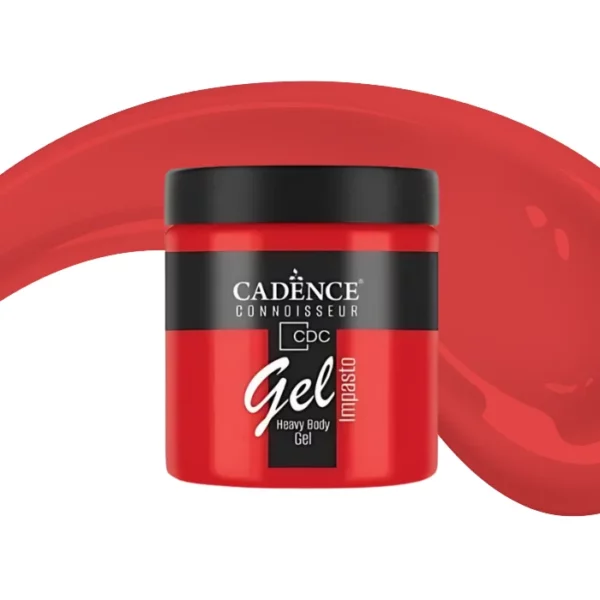 A single jar of Poppy Red Cadence Connoissuer Heavy Body Gel Acrylic is shown in the center of the frame. The jar is made of clear plastic and has a black plastic, screw on lid. You can see the colour of the paint through the clear jar. There is a label around the body of the jar that has the Cadence logo and product name and details printed on the label. There is a colour swatch swirl behind the jar that denotes the colour of the paint. On a white background.