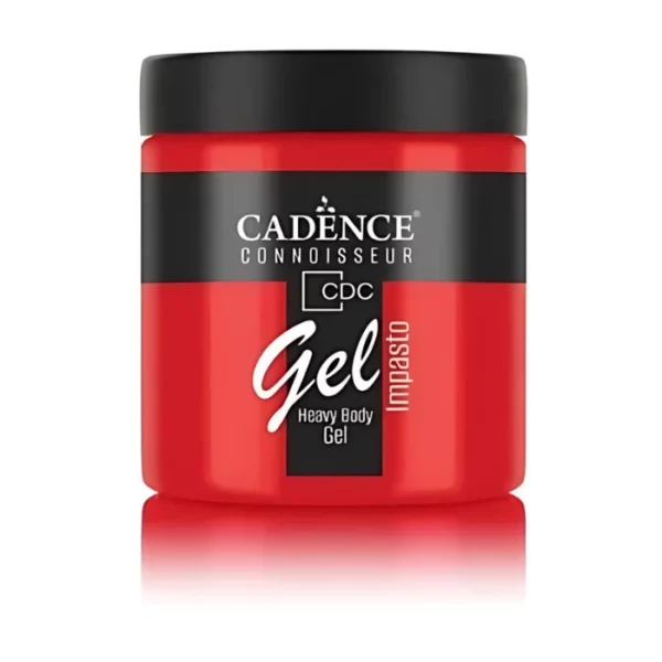 A single jar of Poppy Red Cadence Connoissuer Heavy Body Gel Acrylic is shown in the center of the frame. The jar is made of clear plastic and has a black plastic, screw on lid. You can see the colour of the paint through the clear jar. There is a label around the body of the jar that has the Cadence logo and product name and details printed on the label. There is a reflection below the bottle. On a white background.