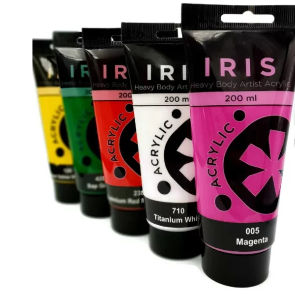 There are 5 tubes of Prime Art Iris Acrylic Paint 200ml shown in the frame. They are staggered, one slightly behind the other, with the front tube being along the right hand side of the frame, and the other tubes staggered out from behind it, towards the left hand side of the frame. The tubes are clear plastic with a black printed band at the top of each tube that has the Prime Art Iris Logo printed on it. Each tube has a black flip cap that the tubes stand on. You can see the colour of the paint through each tube. Each tube is a different colour. On a white background.