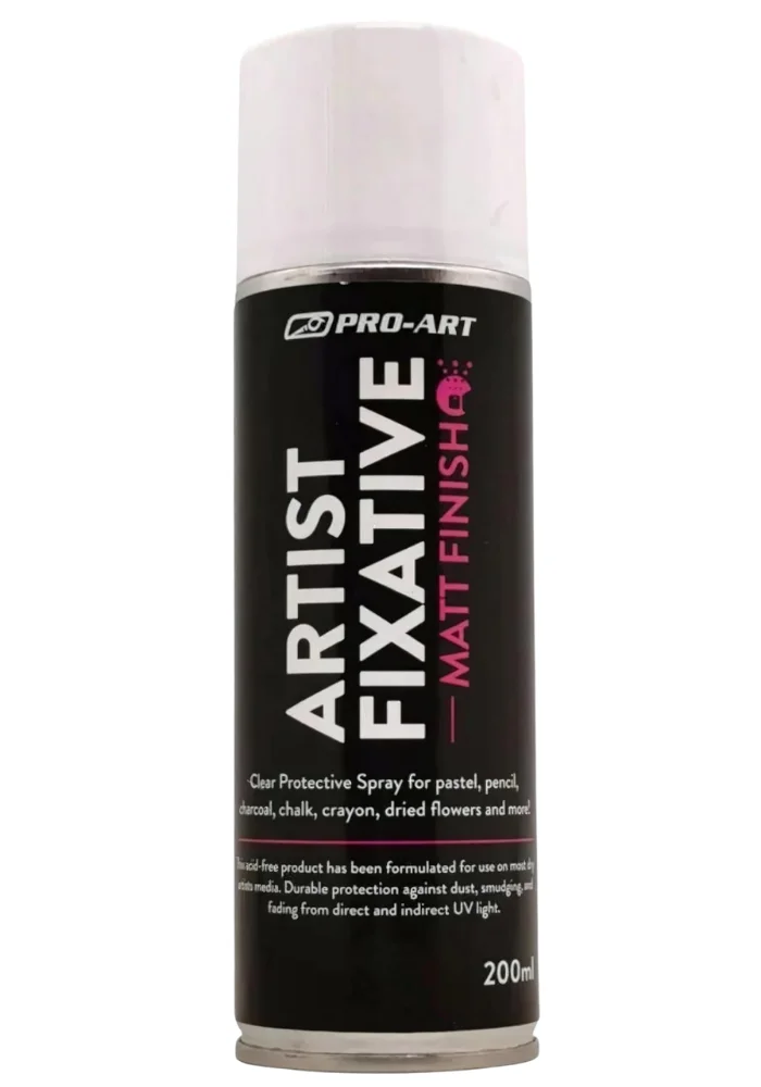 Pro Art Fixative Spray 200ml Black can with white lid. Front view of can