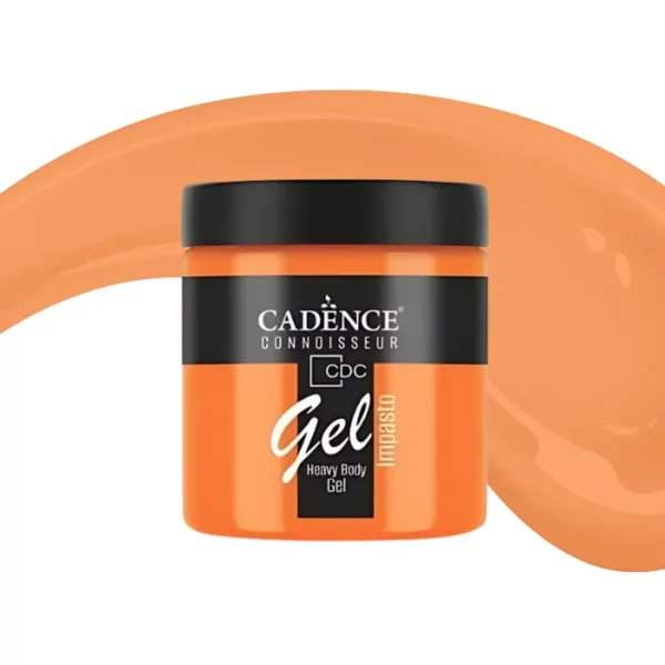 A single jar of Pumpkin Cadence Connoissuer Heavy Body Gel Acrylic is shown in the center of the frame. The jar is made of clear plastic and has a black plastic, screw on lid. You can see the colour of the paint through the clear jar. There is a label around the body of the jar that has the Cadence logo and product name and details printed on the label. There is a colour swatch swirl behind the jar that denotes the colour of the paint. On a white background.