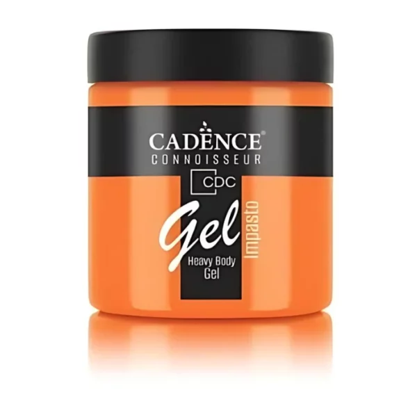 A single jar of Pumpkin Cadence Connoissuer Heavy Body Gel Acrylic is shown in the center of the frame. The jar is made of clear plastic and has a black plastic, screw on lid. You can see the colour of the paint through the clear jar. There is a label around the body of the jar that has the Cadence logo and product name and details printed on the label. There is a reflection below the bottle. On a white background.