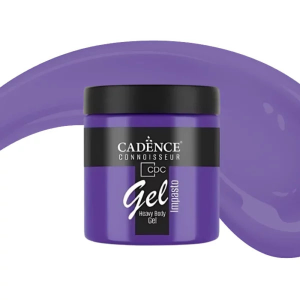 A single jar of Purple Rain Cadence Connoissuer Heavy Body Gel Acrylic is shown in the center of the frame. The jar is made of clear plastic and has a black plastic, screw on lid. You can see the colour of the paint through the clear jar. There is a label around the body of the jar that has the Cadence logo and product name and details printed on the label. There is a colour swatch swirl behind the jar that denotes the colour of the paint. On a white background.