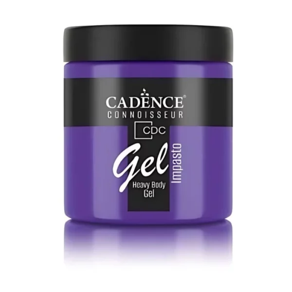 A single jar of Purple Rain Cadence Connoissuer Heavy Body Gel Acrylic is shown in the center of the frame. The jar is made of clear plastic and has a black plastic, screw on lid. You can see the colour of the paint through the clear jar. There is a label around the body of the jar that has the Cadence logo and product name and details printed on the label. There is a reflection below the bottle. On a white background.