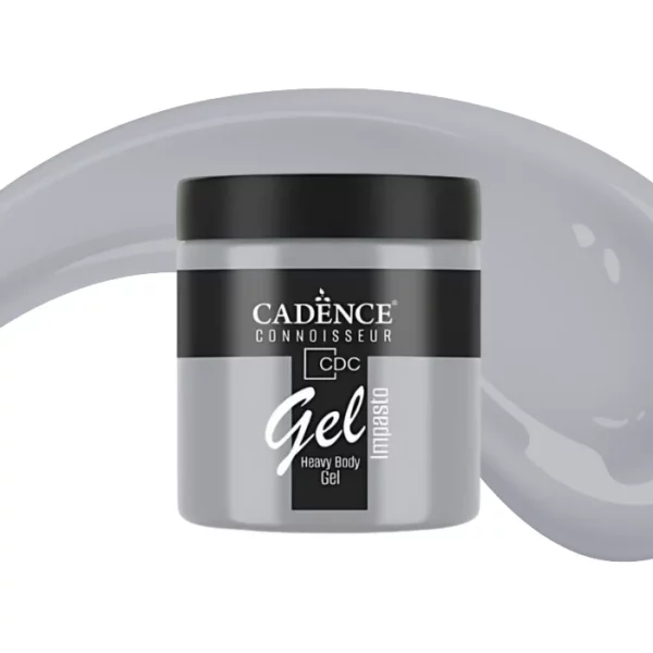 A single jar of Putty Cadence Connoissuer Heavy Body Gel Acrylic is shown in the center of the frame. The jar is made of clear plastic and has a black plastic, screw on lid. You can see the colour of the paint through the clear jar. There is a label around the body of the jar that has the Cadence logo and product name and details printed on the label. There is a colour swatch swirl behind the jar that denotes the colour of the paint. On a white background.