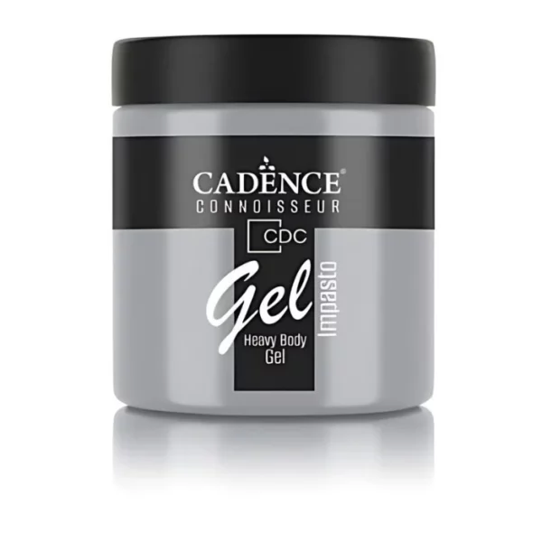 A single jar of Putty Cadence Connoissuer Heavy Body Gel Acrylic is shown in the center of the frame. The jar is made of clear plastic and has a black plastic, screw on lid. You can see the colour of the paint through the clear jar. There is a label around the body of the jar that has the Cadence logo and product name and details printed on the label. There is a reflection below the bottle. On a white background.