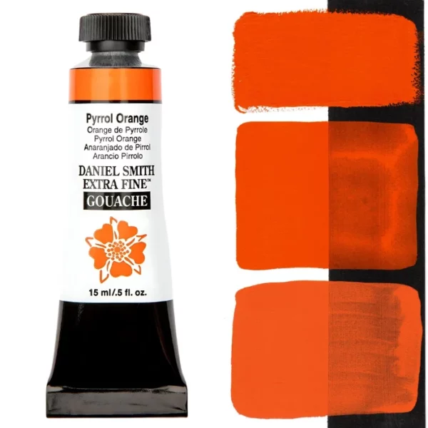 A tube of Pyrrol Orange S2 Daniel Smith Extra Fine Gouache 15ml is shown vertically, along the left hand side of the frame. The tube has a white body, with black text that describes the colour and product details and the Daniel Smith Logo. The end of the tube has a black band and it has a black, plastic, screw on lid. The Daniel Smith flower logo is also printed on the front of the tube. There is a colour swatch of the paint, down the right hand side of the frame, vertically. It is shown on a white background and a black background and there are 3 swatches, showing the paint in it's purest form, used directly from the tube, as well as the paint when diluted with water, so it becomes more transparent. On a white background.