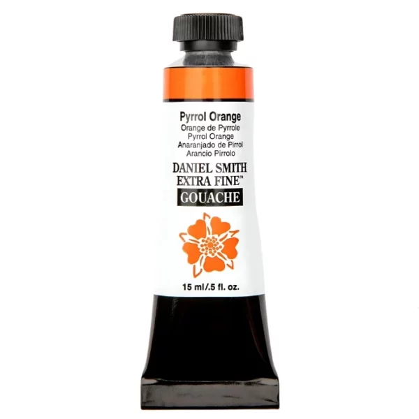 A tube of Pyrrol Extra S2 Daniel Smith Extra Fine Gouache 15ml is shown vertically, in the center of the frame. The tube has a white body, with black text that describes the colour and product details and the Daniel Smith Logo. The end of the tube has a black band and it has a black, plastic, screw on lid. The Daniel Smith flower logo is also printed on the front of the tube. On a white background.