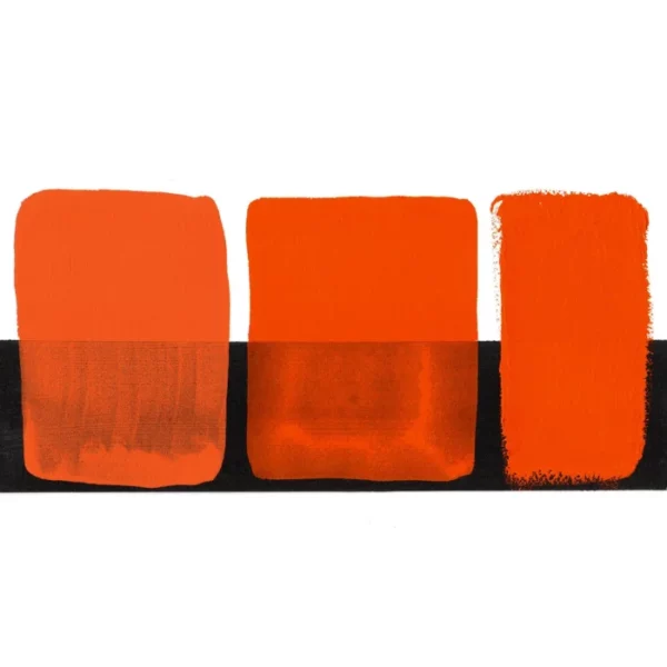 There is a colour swatch of the Pyrrol Orange S2 Daniel Smith Extra Fine Gouache 15ml Paint, shown in the center of the frame, horizontally. It is shown on a white background and a black background and there are 3 swatches, showing the paint in it's purest form, used directly from the tube, as well as the paint when diluted with water, so it becomes more transparent. On a white background.