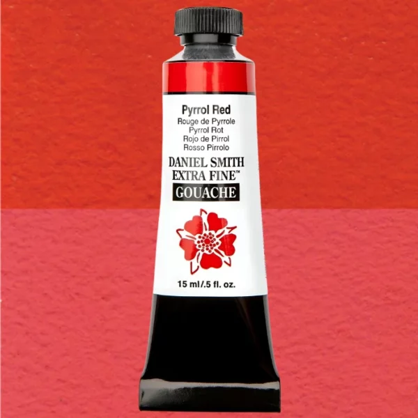 A tube of Pyrrol Red S3 Daniel Smith Extra Fine Gouache 15ml is shown vertically, in the center of the frame. The tube has a white body, with black text that describes the colour and product details and the Daniel Smith Logo. The end of the tube has a black band and it has a black, plastic, screw on lid. The Daniel Smith flower logo is also printed on the front of the tube. The tube of paint overlays a colour swatch in the background that fills the entire frame and shows the colour of the tube.