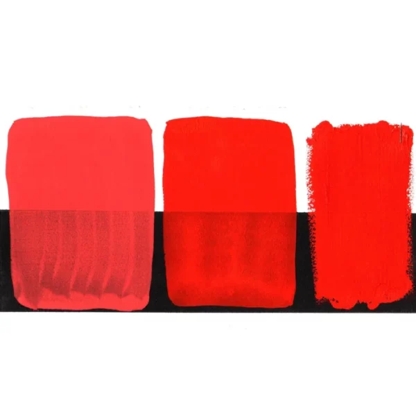 There is a colour swatch of the Pyrrol Scarlet S3 Daniel Smith Extra Fine Gouache 15ml Paint, shown in the center of the frame, horizontally. It is shown on a white background and a black background and there are 3 swatches, showing the paint in it's purest form, used directly from the tube, as well as the paint when diluted with water, so it becomes more transparent. On a white background.