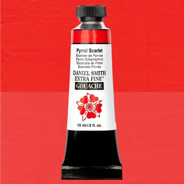 A tube of Pyrrol Scarlet S3 Daniel Smith Extra Fine Gouache 15ml is shown vertically, in the center of the frame. The tube has a white body, with black text that describes the colour and product details and the Daniel Smith Logo. The end of the tube has a black band and it has a black, plastic, screw on lid. The Daniel Smith flower logo is also printed on the front of the tube. The tube of paint overlays a colour swatch in the background that fills the entire frame and shows the colour of the tube.