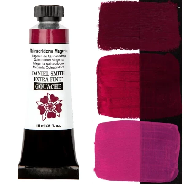 A tube of Quinacridone Magenta S2 Daniel Smith Extra Fine Gouache 15ml is shown vertically, along the left hand side of the frame. The tube has a white body, with black text that describes the colour and product details and the Daniel Smith Logo. The end of the tube has a black band and it has a black, plastic, screw on lid. The Daniel Smith flower logo is also printed on the front of the tube. There is a colour swatch of the paint, down the right hand side of the frame, vertically. It is shown on a white background and a black background and there are 3 swatches, showing the paint in it's purest form, used directly from the tube, as well as the paint when diluted with water, so it becomes more transparent. On a white background.