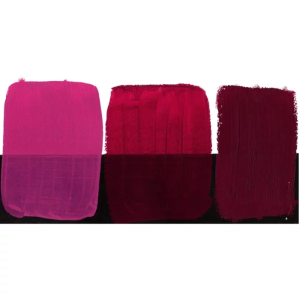 There is a colour swatch of the Quinacridone Magenta S2 Daniel Smith Extra Fine Gouache 15ml Paint, shown in the center of the frame, horizontally. It is shown on a white background and a black background and there are 3 swatches, showing the paint in it's purest form, used directly from the tube, as well as the paint when diluted with water, so it becomes more transparent. On a white background.