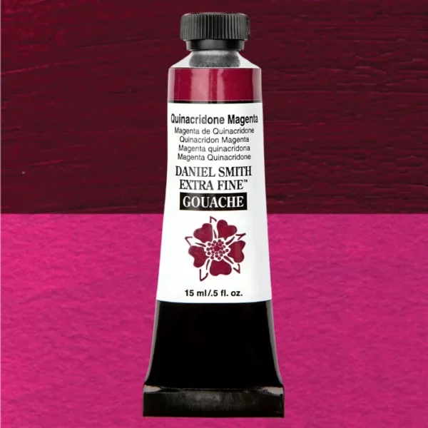 A tube of Quinacridone Magenta S2 Daniel Smith Extra Fine Gouache 15ml is shown vertically, in the center of the frame. The tube has a white body, with black text that describes the colour and product details and the Daniel Smith Logo. The end of the tube has a black band and it has a black, plastic, screw on lid. The Daniel Smith flower logo is also printed on the front of the tube. The tube of paint overlays a colour swatch in the background that fills the entire frame and shows the colour of the tube.