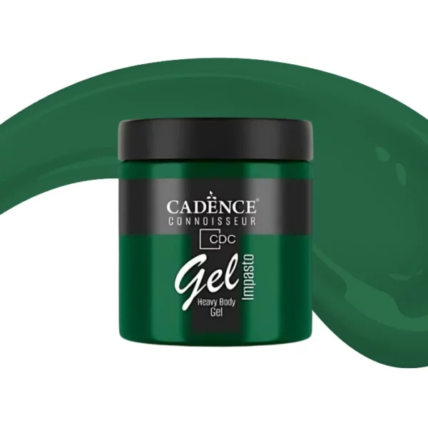 A single jar of Racing Green Cadence Connoissuer Heavy Body Gel Acrylic is shown in the center of the frame. The jar is made of clear plastic and has a black plastic, screw on lid. You can see the colour of the paint through the clear jar. There is a label around the body of the jar that has the Cadence logo and product name and details printed on the label. There is a colour swatch swirl behind the jar that denotes the colour of the paint. On a white background.