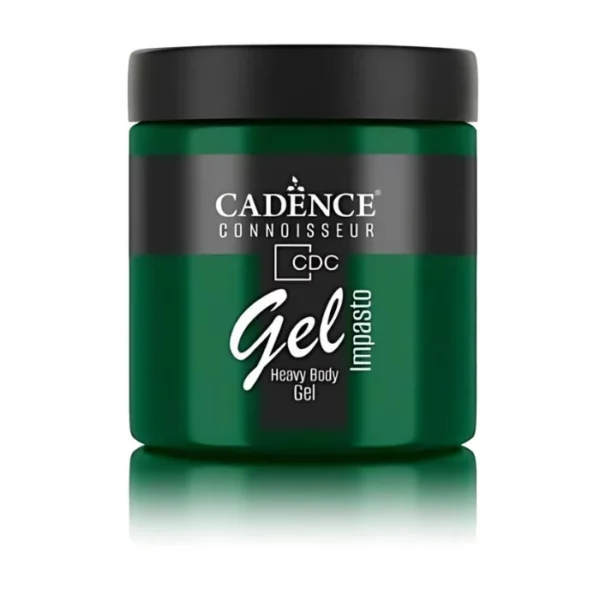 A single jar of Racing Green Cadence Connoissuer Heavy Body Gel Acrylic is shown in the center of the frame. The jar is made of clear plastic and has a black plastic, screw on lid. You can see the colour of the paint through the clear jar. There is a label around the body of the jar that has the Cadence logo and product name and details printed on the label. There is a reflection below the bottle. On a white background.