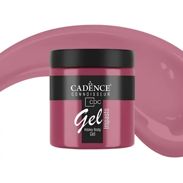 A single jar of Raspberry Kiss Cadence Connoissuer Heavy Body Gel Acrylic is shown in the center of the frame. The jar is made of clear plastic and has a black plastic, screw on lid. You can see the colour of the paint through the clear jar. There is a label around the body of the jar that has the Cadence logo and product name and details printed on the label. There is a colour swatch swirl behind the jar that denotes the colour of the paint. On a white background.