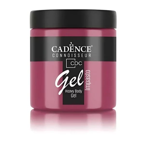 A single jar of Raspberry Kiss Cadence Connoissuer Heavy Body Gel Acrylic is shown in the center of the frame. The jar is made of clear plastic and has a black plastic, screw on lid. You can see the colour of the paint through the clear jar. There is a label around the body of the jar that has the Cadence logo and product name and details printed on the label. There is a reflection below the bottle. On a white background.