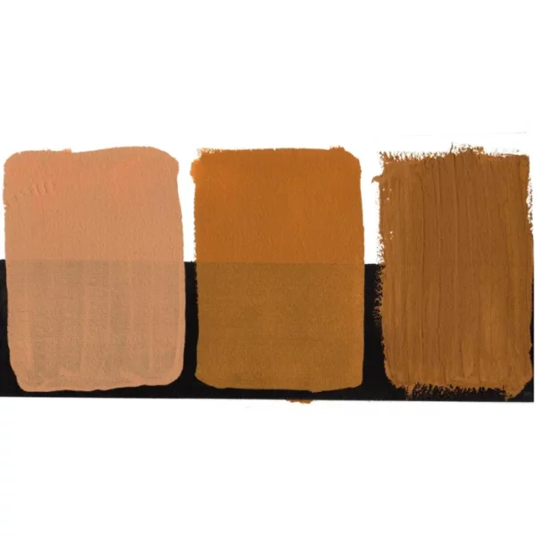 There is a colour swatch of the Raw Sienna S1 Daniel Smith Extra Fine Gouache 15ml Paint, shown in the center of the frame, horizontally. It is shown on a white background and a black background and there are 3 swatches, showing the paint in it's purest form, used directly from the tube, as well as the paint when diluted with water, so it becomes more transparent. On a white background.