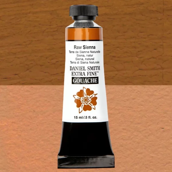 A tube of Raw Sienna S1 Daniel Smith Extra Fine Gouache 15ml is shown vertically, in the center of the frame. The tube has a white body, with black text that describes the colour and product details and the Daniel Smith Logo. The end of the tube has a black band and it has a black, plastic, screw on lid. The Daniel Smith flower logo is also printed on the front of the tube. The tube of paint overlays a colour swatch in the background that fills the entire frame and shows the colour of the tube.