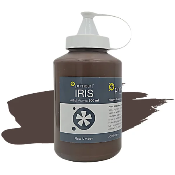 A single bottle of Raw Umber Iris Acrylic Paint 500ml is shown vertically in the center of the frame. The bottle is a clear plastic bottle with a white plastic flip top lid that is hinged to the bottle. There is a label around the body of the bottle that is printed with the Prime Art logo, the product name and details. The image is center of the frame and there is a paint swatch colour behind the bottle that indicates the colour of the paint. On a white background.