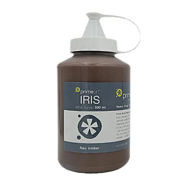 A single bottle of Raw Umber Iris Acrylic Paint 500ml is shown vertically in the center of the frame. The bottle is a clear plastic bottle with a white plastic flip top lid that is hinged to the bottle. There is a label around the body of the bottle that is printed with the Prime Art logo, the product name and details. The image is center of the frame and on a white background.