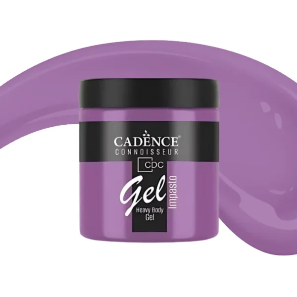 A single jar of Romance Cadence Connoissuer Heavy Body Gel Acrylic is shown in the center of the frame. The jar is made of clear plastic and has a black plastic, screw on lid. You can see the colour of the paint through the clear jar. There is a label around the body of the jar that has the Cadence logo and product name and details printed on the label. There is a colour swatch swirl behind the jar that denotes the colour of the paint. On a white background.