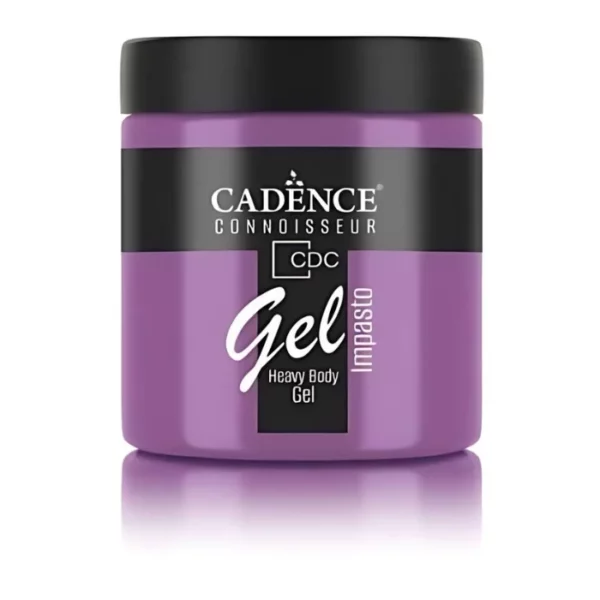 A single jar of Romance Cadence Connoissuer Heavy Body Gel Acrylic is shown in the center of the frame. The jar is made of clear plastic and has a black plastic, screw on lid. You can see the colour of the paint through the clear jar. There is a label around the body of the jar that has the Cadence logo and product name and details printed on the label. There is a reflection below the bottle. On a white background.