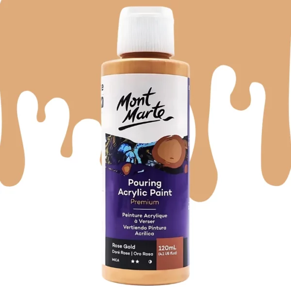 A single bottle of Rose Gold Mont Marte Pouring Acrylic Paint is shown in the center of the frame. The bottle is clear plastic so you can see the colour of the paint through the bottle. It has a white flip top cap and a printed label around the body of the bottle. The label is white and purple and has the Mont Marte logo printed at the top with the colour name and product details below. There is a drip paint background at the back of the bottle, at the top of the frame, in the colour of the paint.