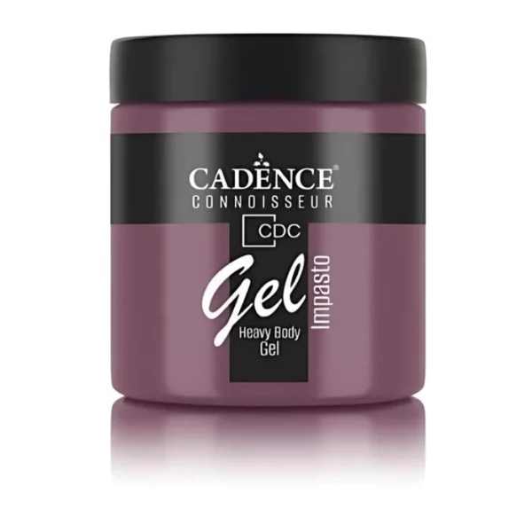 A single jar of Rosy Brown Cadence Connoissuer Heavy Body Gel Acrylic is shown in the center of the frame. The jar is made of clear plastic and has a black plastic, screw on lid. You can see the colour of the paint through the clear jar. There is a label around the body of the jar that has the Cadence logo and product name and details printed on the label. There is a reflection below the bottle. On a white background.