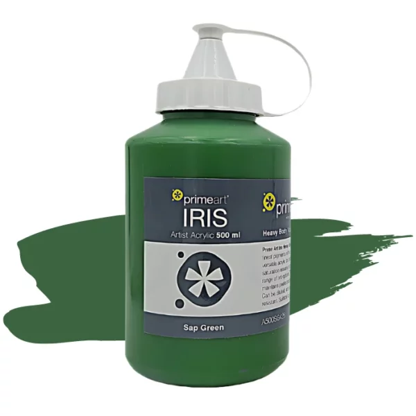 A single bottle of Sap Green Iris Acrylic Paint 500ml is shown vertically in the center of the frame. The bottle is a clear plastic bottle with a white plastic flip top lid that is hinged to the bottle. There is a label around the body of the bottle that is printed with the Prime Art logo, the product name and details. The image is center of the frame and there is a paint swatch colour behind the bottle that indicates the colour of the paint. On a white background.