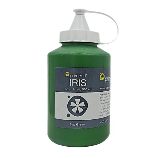 A single bottle of Sap Green Iris Acrylic Paint 500ml is shown vertically in the center of the frame. The bottle is a clear plastic bottle with a white plastic flip top lid that is hinged to the bottle. There is a label around the body of the bottle that is printed with the Prime Art logo, the product name and details. The image is center of the frame and on a white background.