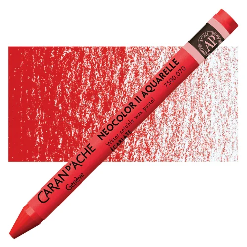 A single Scarlet Caran D'Ache Neocolor II Watersoluble Wax Oil Pastel is shown diagonally in the center of the frame. The tip of the pastel is facing the bottom left hand corner of the frame and the end of the pastel is facing the top right hand corner. There is a paper wrapper wound the body of the pastel. The wrapper is coloured in the colour of the pastel for easy identification. The Caran D'Ache logo, product colour and other details are printed in black on the wrapper. There is a rectangular colour swatch in the background, across the center of the frame. This denotes the colour of the pastel. On a white background.