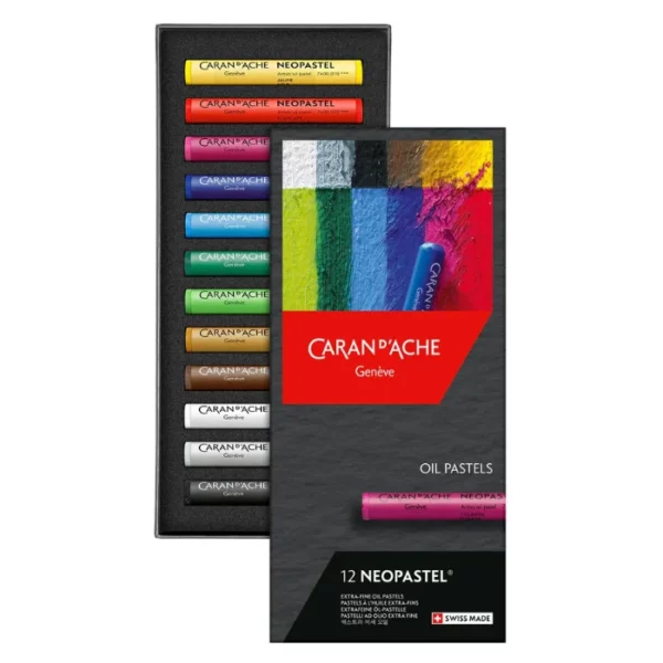 A Set of 12 Caran D'Ache Neopastels is shown vertically, in the center of the frame. The set if open, and the bottom tray that holds the pastels is at the back and the lid is overlapping, to the right of the base. You can see the pastels in the base of the box. Each pastel is a different colour and has a paper wrapper around the pastel, that is coloured to match the pigment colour of the pastel. The wrapper has black text describing the pastels colour and has the Caran D'Ache logo printed on it. The box lid is a dark grey cardboard and has an image of the pastels in use printed on it. On a white background.