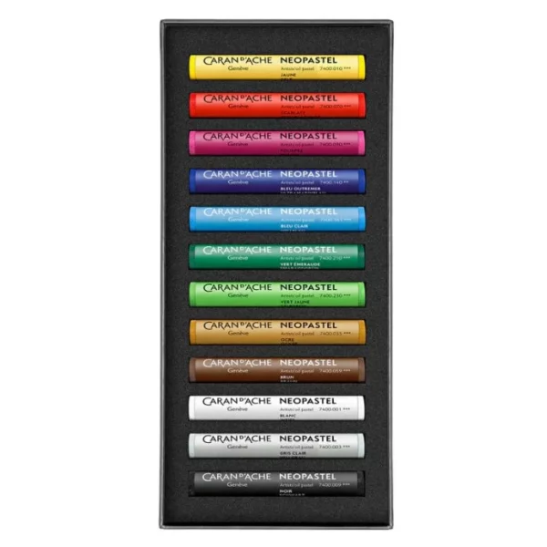 The bottom tray of a Set of 12 Caran D'Ache Neopastels is shown vertically, in the center of the frame. The bottom tray holds the pastels in the set. Each pastel is a different colour and has a paper wrapper around the pastel, that is coloured to match the pigment colour of the pastel. The wrapper has black text describing the pastels colour and has the Caran D'Ache logo printed on it. The box lid is a dark grey cardboard and has an image of the pastels in use printed on it. On a white background.