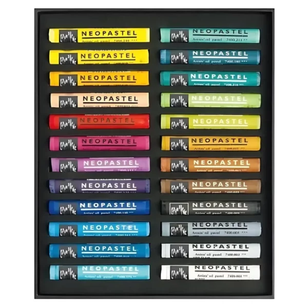 The bottom tray of a Set of 24 Caran D'Ache Neopastels is shown vertically, in the center of the frame. The bottom tray holds the pastels in the set. Each pastel is a different colour and has a paper wrapper around the pastel, that is coloured to match the pigment colour of the pastel. The wrapper has black text describing the pastels colour and has the Caran D'Ache logo printed on it. The box lid is a dark grey cardboard and has an image of the pastels in use printed on it. On a white background.