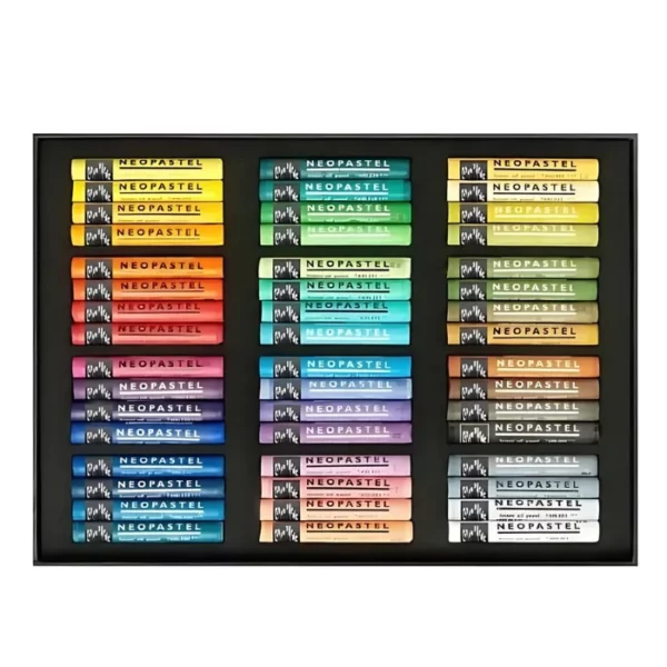 The bottom tray of a Set of 48 Caran D'Ache Neopastels is shown vertically, in the center of the frame. The bottom tray holds the pastels in the set. Each pastel is a different colour and has a paper wrapper around the pastel, that is coloured to match the pigment colour of the pastel. The wrapper has black text describing the pastels colour and has the Caran D'Ache logo printed on it. The box lid is a dark grey cardboard and has an image of the pastels in use printed on it. On a white background.