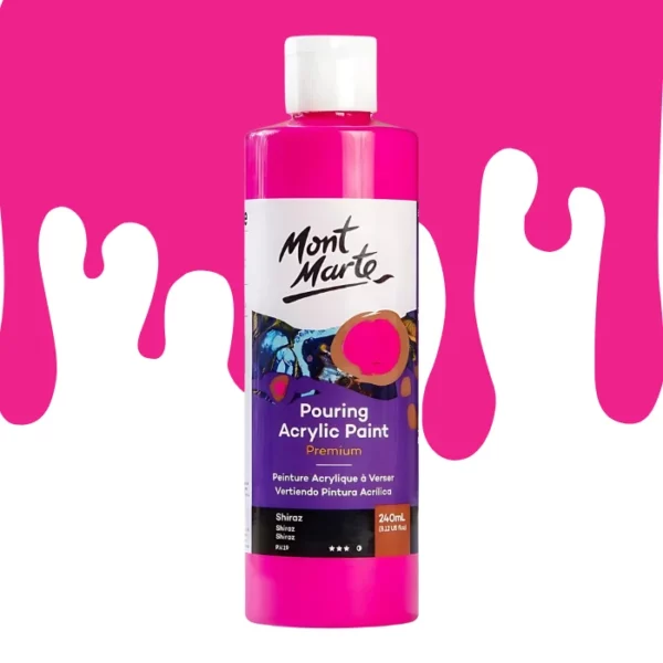 A single bottle of Shiraz Mont Marte Pouring Acrylic Paint is shown in the center of the frame. The bottle is clear plastic so you can see the colour of the paint through the bottle. It has a white flip top cap and a printed label around the body of the bottle. The label is white and purple and has the Mont Marte logo printed at the top with the colour name and product details below. There is a drip paint background at the back of the bottle, at the top of the frame, in the colour of the paint.