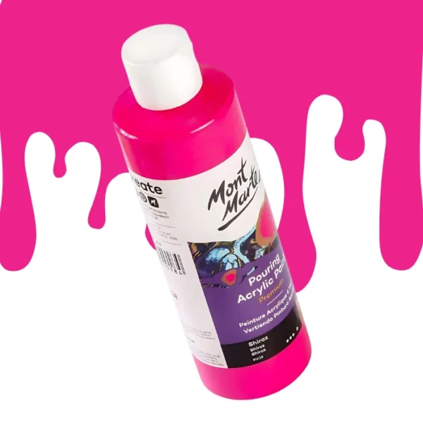 A single bottle of Shiraz Mont Marte Pouring Acrylic Paint is shown in the center of the frame at a slight angle. The bottle is clear plastic so you can see the colour of the paint through the bottle. It has a white flip top cap and a printed label around the body of the bottle. The label is white and purple and has the Mont Marte logo printed at the top with the colour name and product details below. There is a drip paint background at the back of the bottle, at the top of the frame, in the colour of the paint.